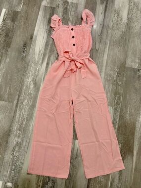 NEW!! Never worn Pink Smocked Wide-Leg Jumpsuit with Tie Waist